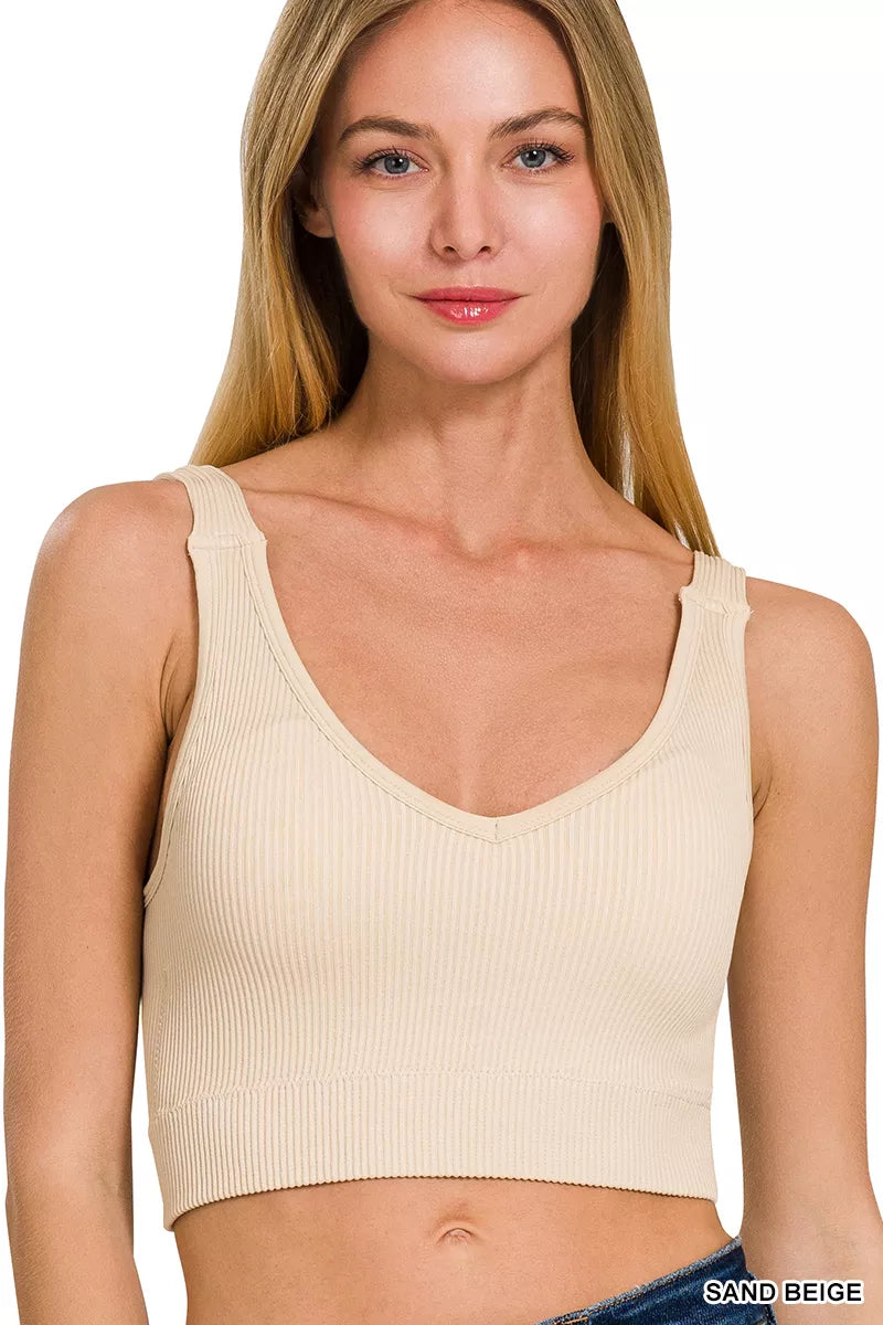 Zenana Sand Beige Seamless Ribbed Cropped Bra Padded V-Neck Tank SAND BEIGE