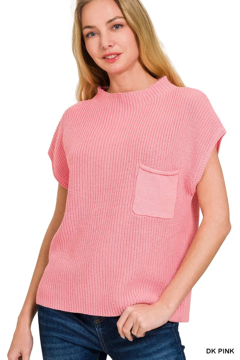 Zenana Dark Pink Mock Neck Short Sleeve Sweater