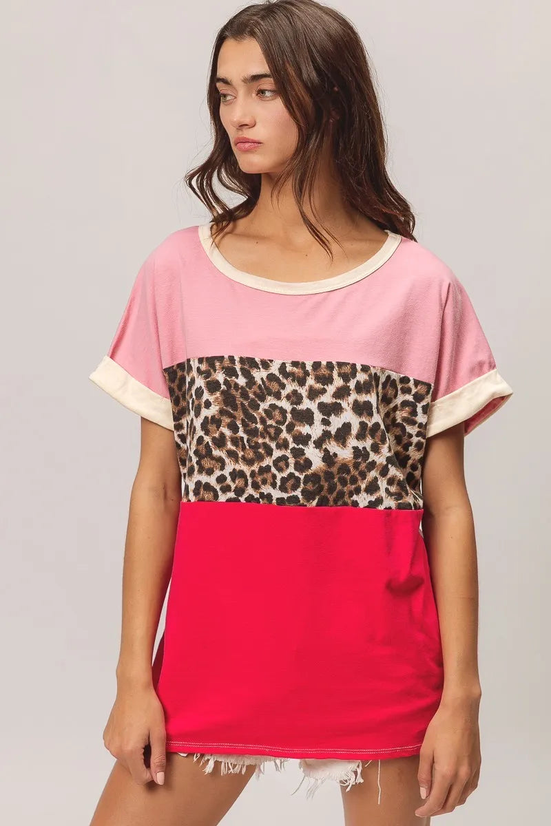 BiBi Pink and Fuchsia Leopard Printed Jersey Color Block Roll Up