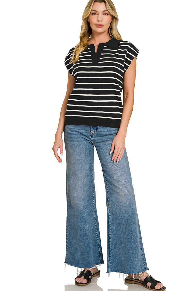 Zenana Viscose Striped Collared Sweater Vest