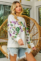 BiBi Off White Fleur De Lis Sleeve Mardi Gras Pullover