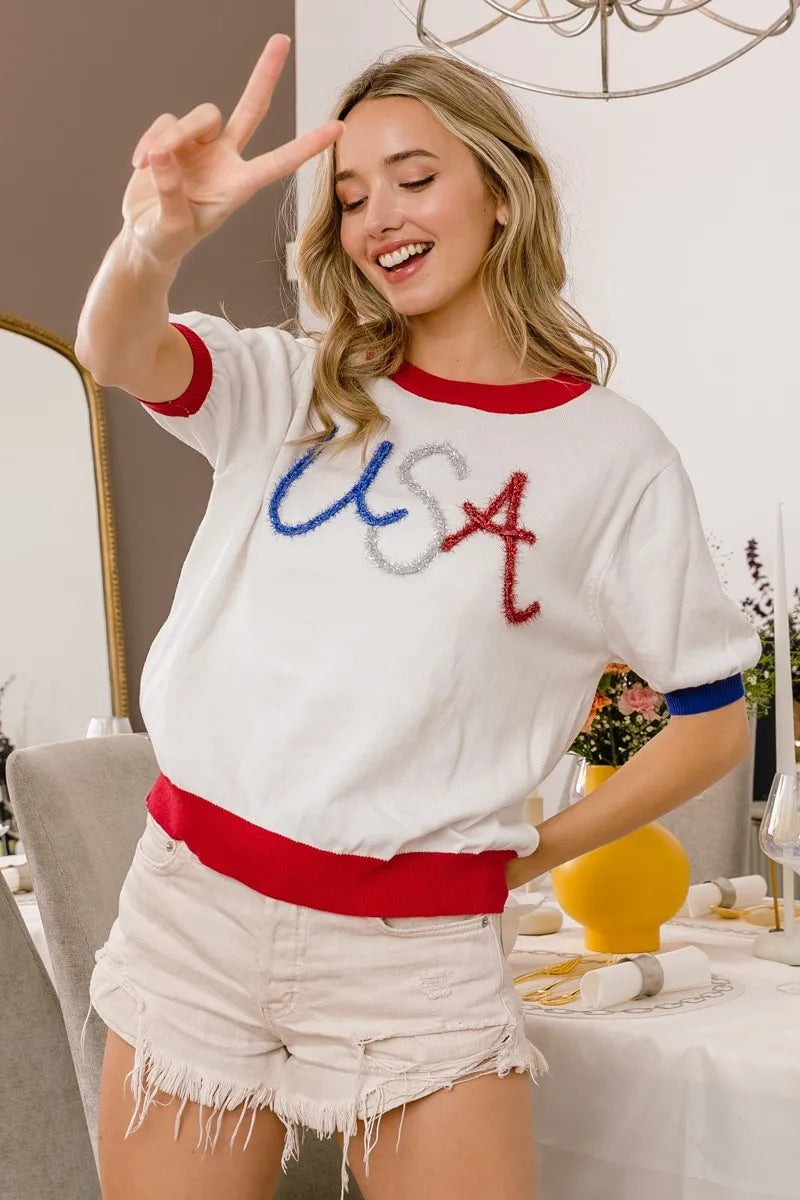 BiBi White USA Metallic Letter Color Block Light Weight Knit Top