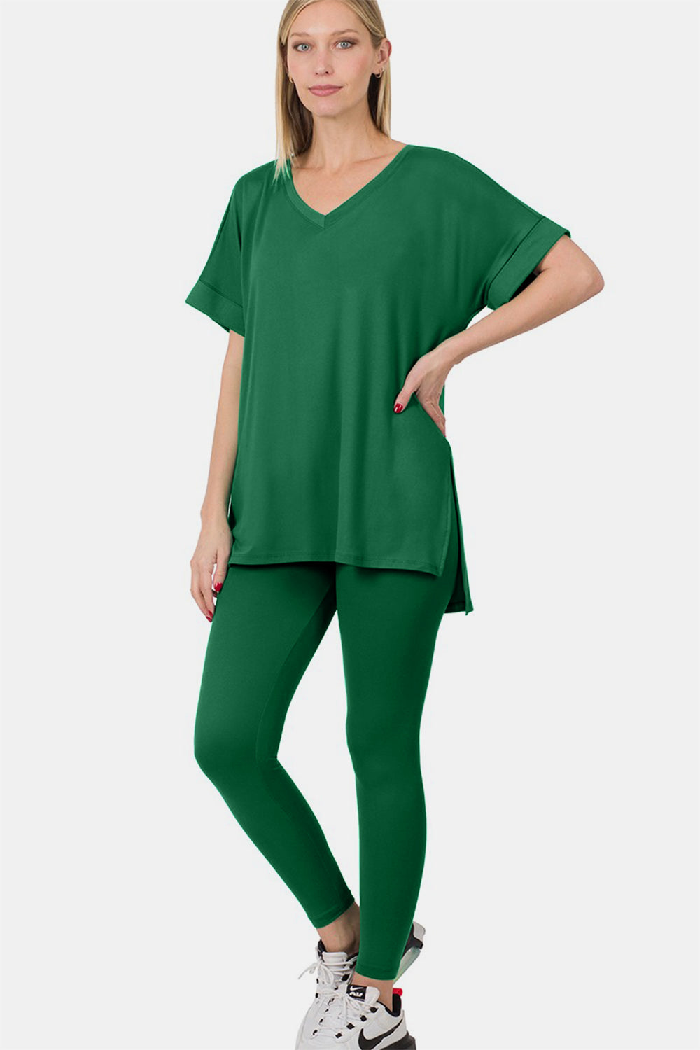 Zenana Dark Green V-Neck Rolled Short Sleeve T-Shirt and Leggings Lounge Set Loungewear