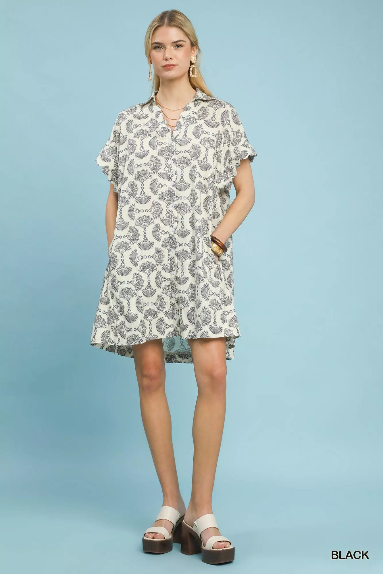 Umgee Black Printed Button Front Shirt Dress