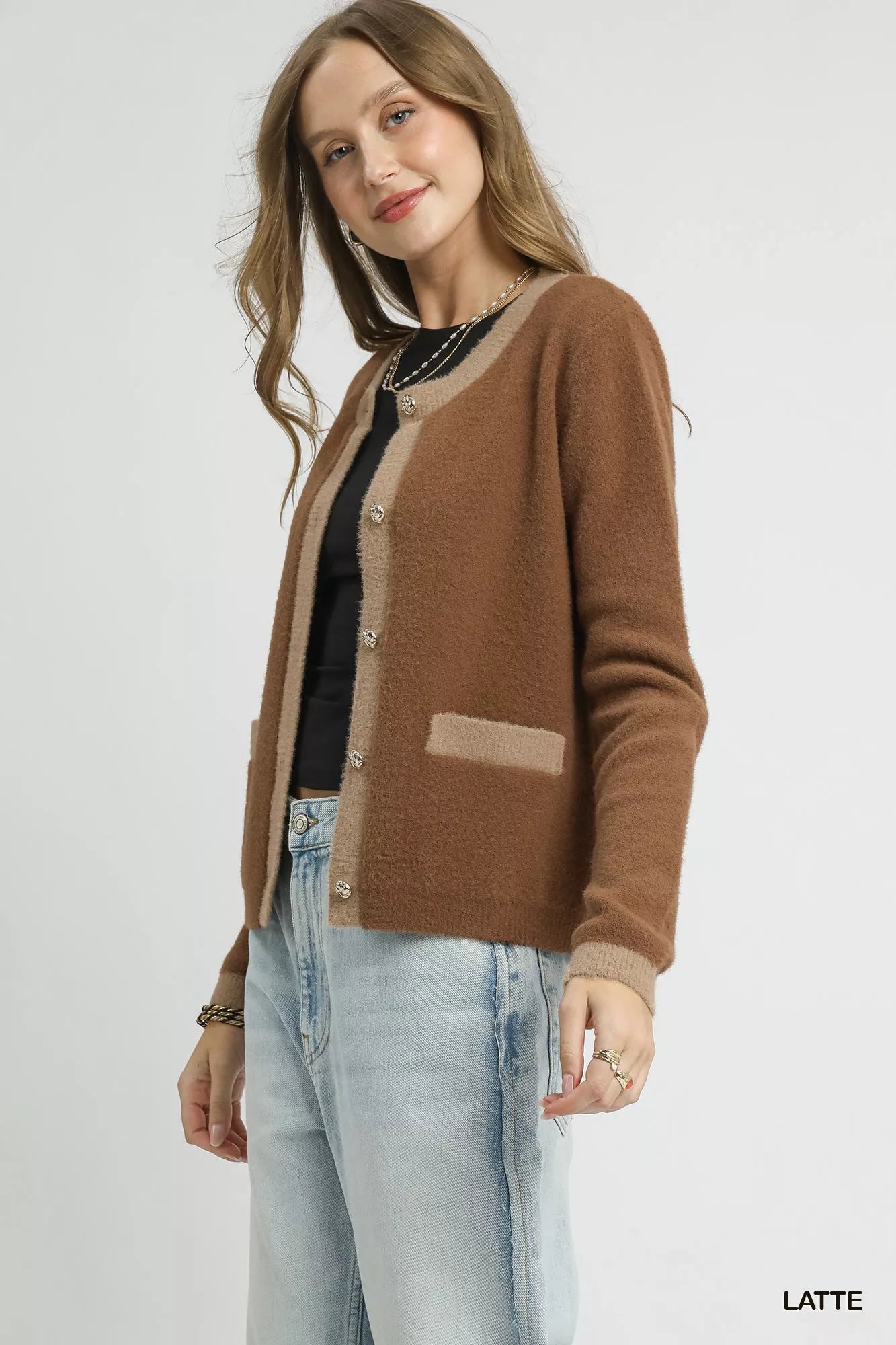 Umgee Latte Two-Tone Button Front Cardigan