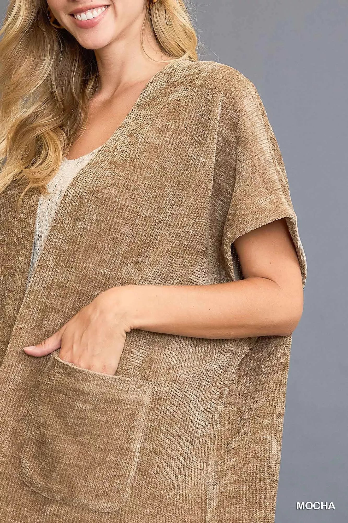 Umgee Mocha Open Front Knit Cardigan with Front Pockets