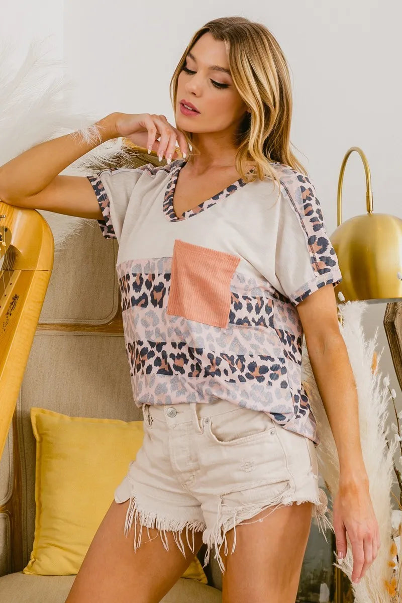 BiBi Ivory Leopard Stripe with Slub Terry Color Block T-Shirt