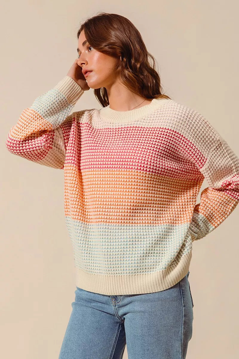 SO ME Oatmeal Combo Multi Color Block Long Sleeve Sweater