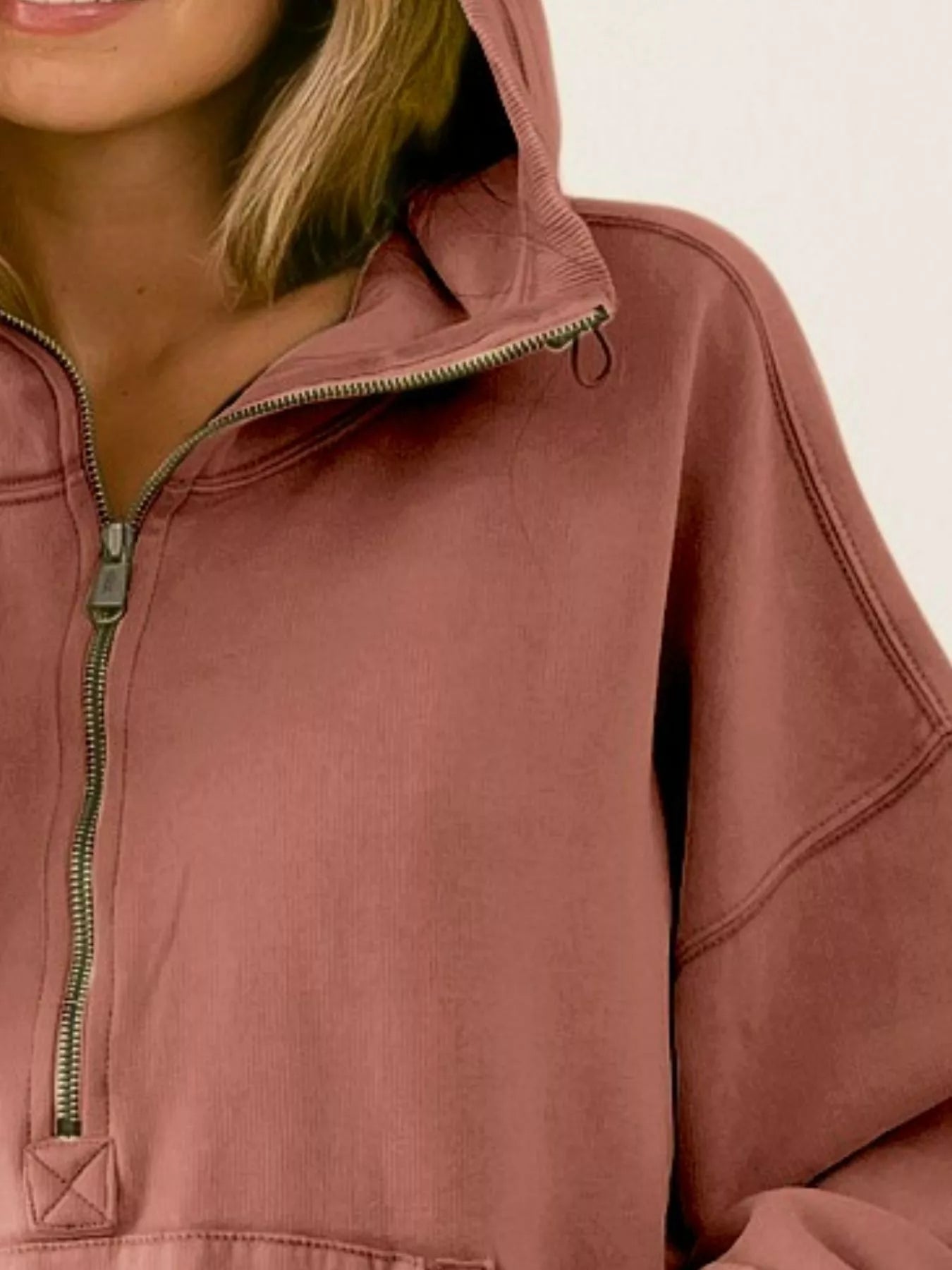 BiBi Terracotta Stitch Detailed Elastic Hem Half Zip Fleece Hoodie