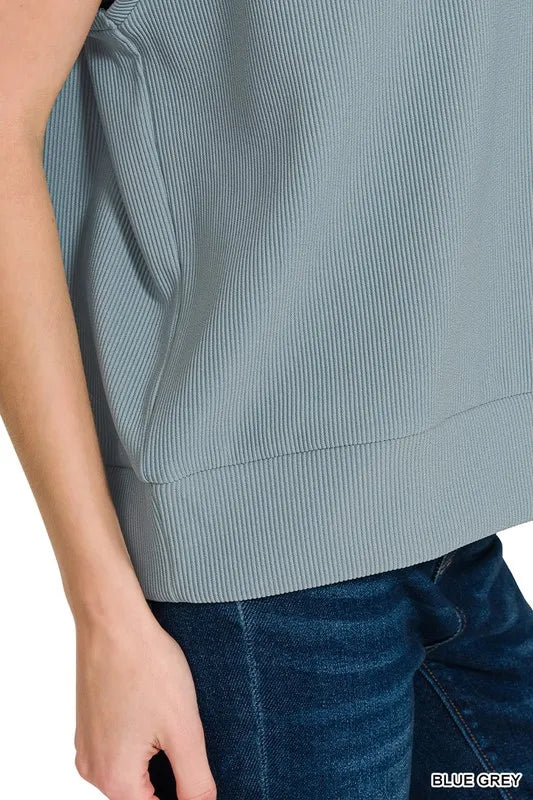 Zenana Blue Grey Ribbed High Neck Half Zip Top