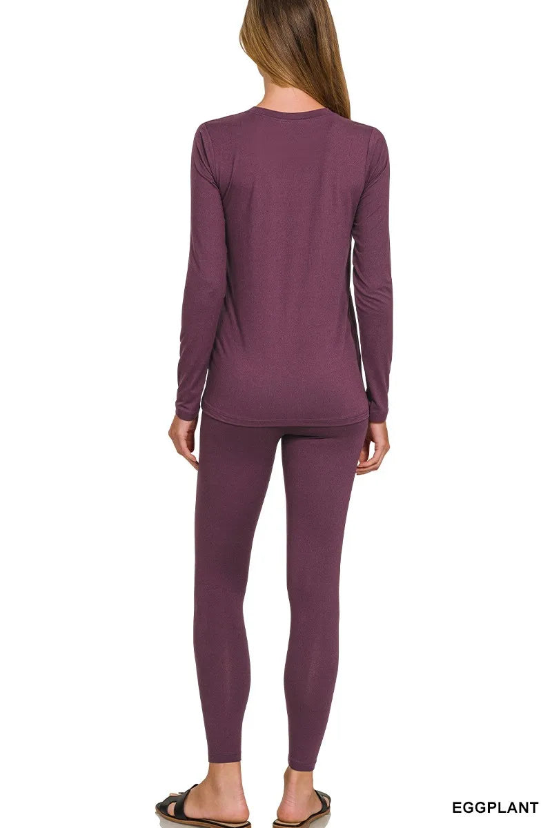 Zenana Eggplant Microfiber Round Neck Top and Leggings Set