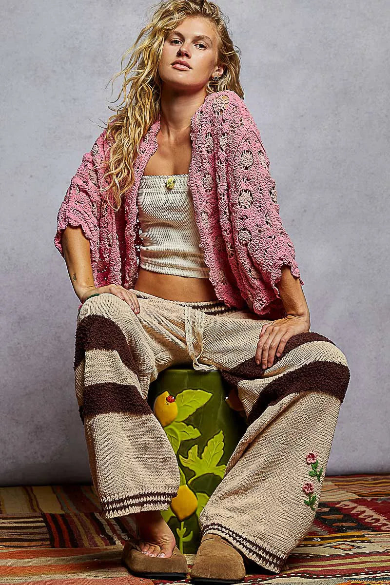 POL Pink & Blush Openwork V-Neck Chenille Cardigan with Contrast Floral