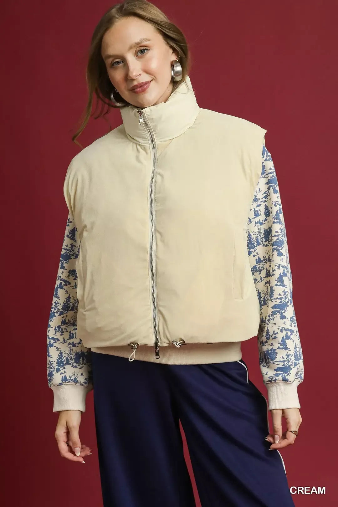 Umgee Cream High Neck Puffer Vest with Zip Front Cream