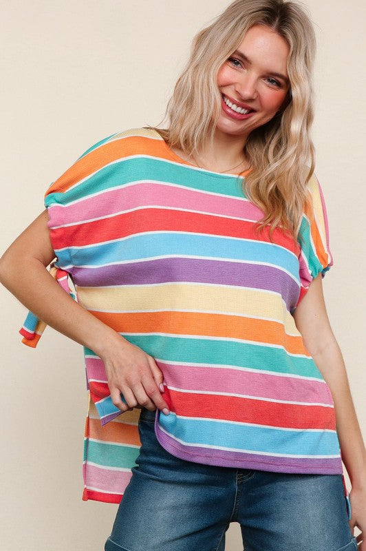 Haptics Multicolor Stripe Dolman Bow Tie Sleeve Top
