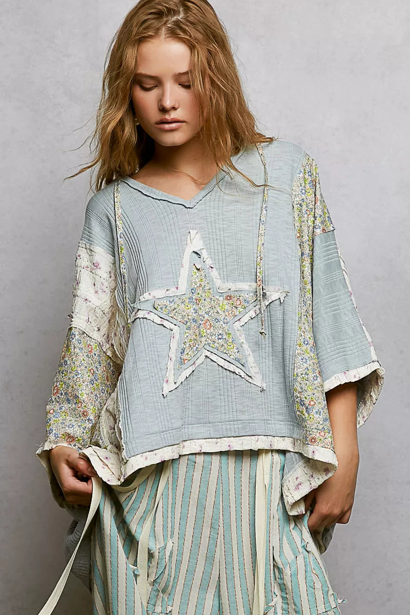 POL Steel Blue Floral Star Patch Hooded Blouse with Lace Contrast Detail STEEL BLUE