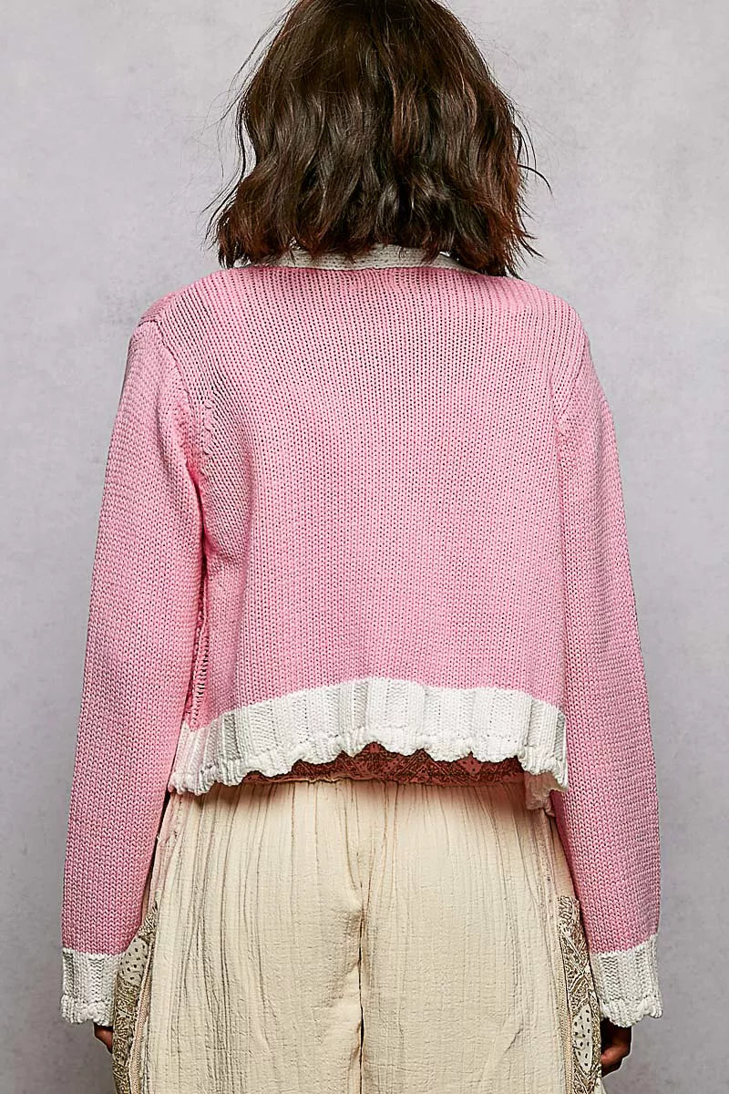 POL Baby Pink Button Down Cable-Knit Cardigan with Contrast Border Accents
