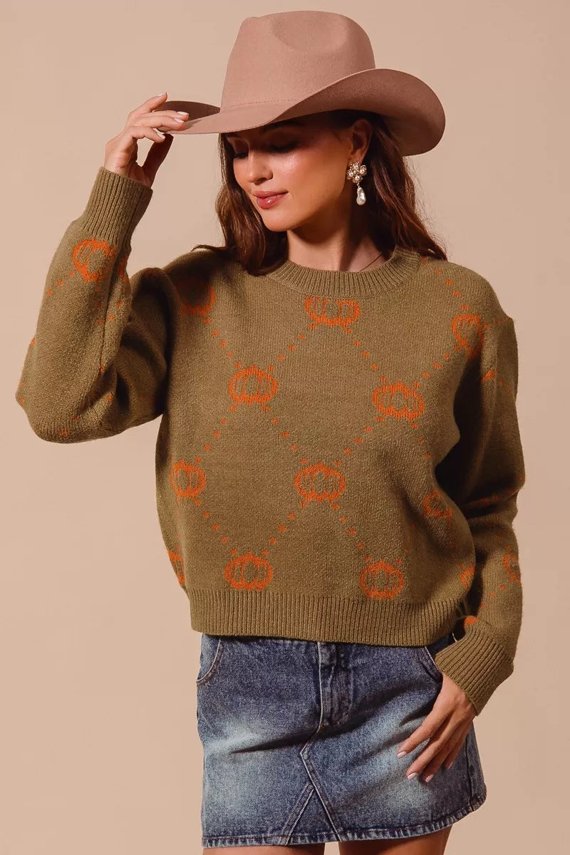SO ME Olive & Rust Pumpkin Rhombus Halloween Thanksgiving Sweater