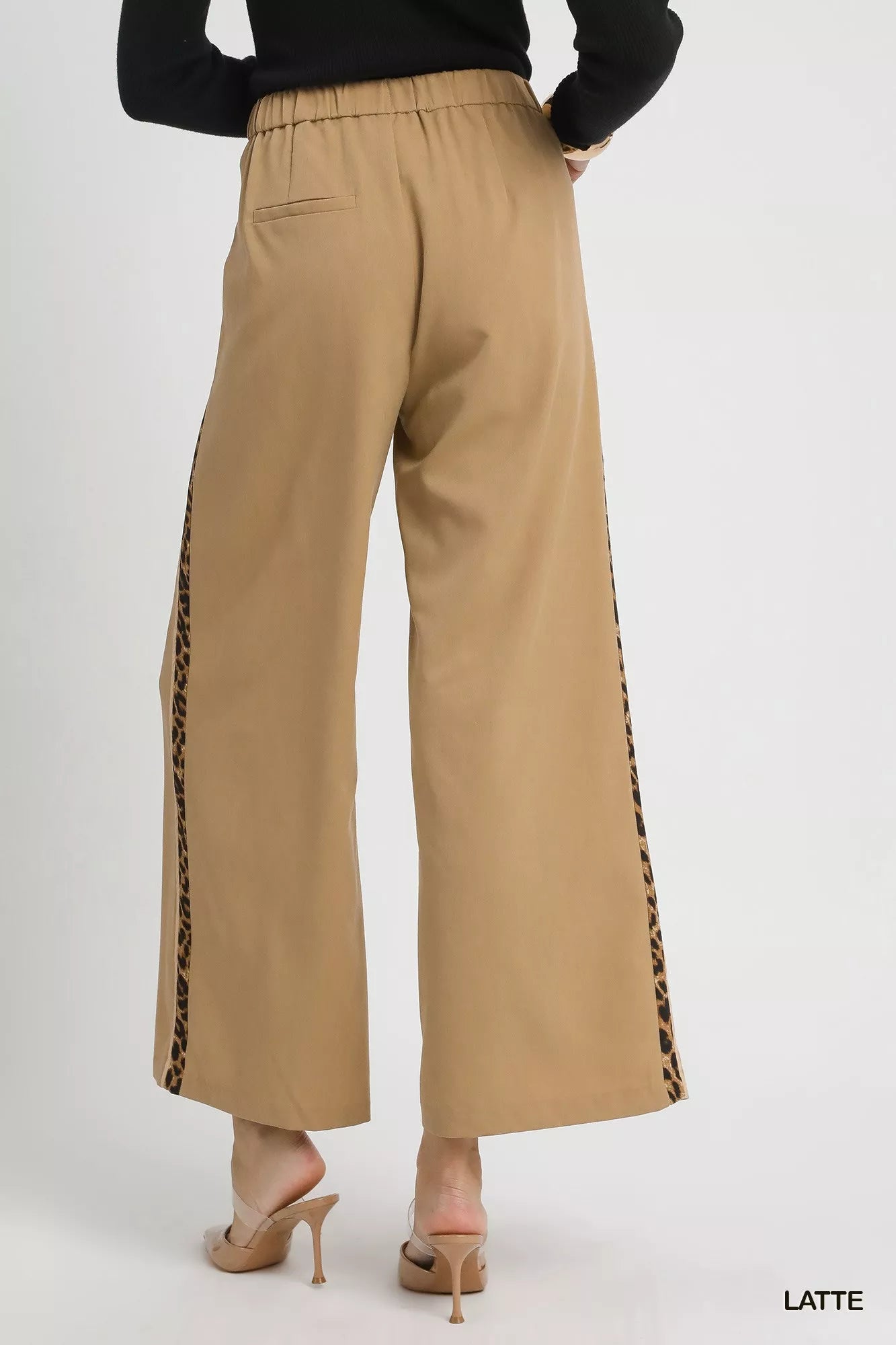 Umgee Late Front Pleated Wide-Leg Trousers with Leopard Contrast Trim