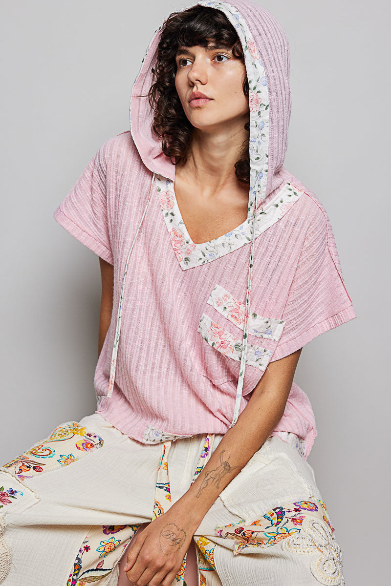 POL Short Sleeve Hooded Top with Back-Open & Pearl Details