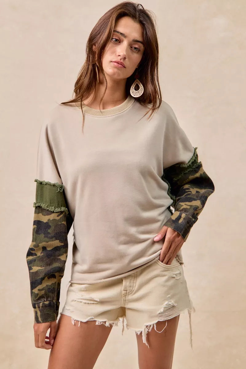 BiBi Taupe & Olive Camo Sleeve French Terry Top with Frayed Edge