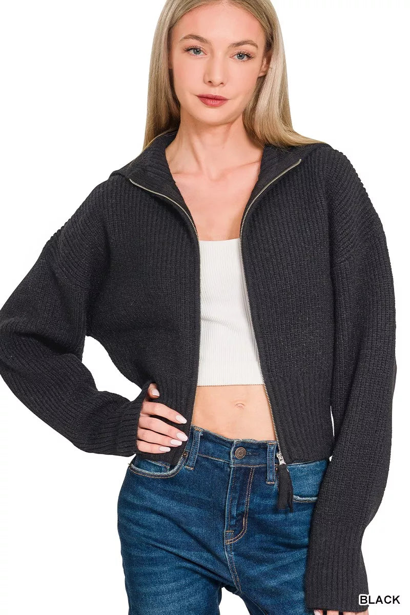 Zenana Black Ribbed Collared Zip Up Sweater Cardigan