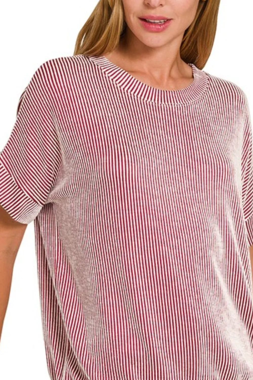 Zenana Dark Red Corded Rib Short Sleeve T-Shirt