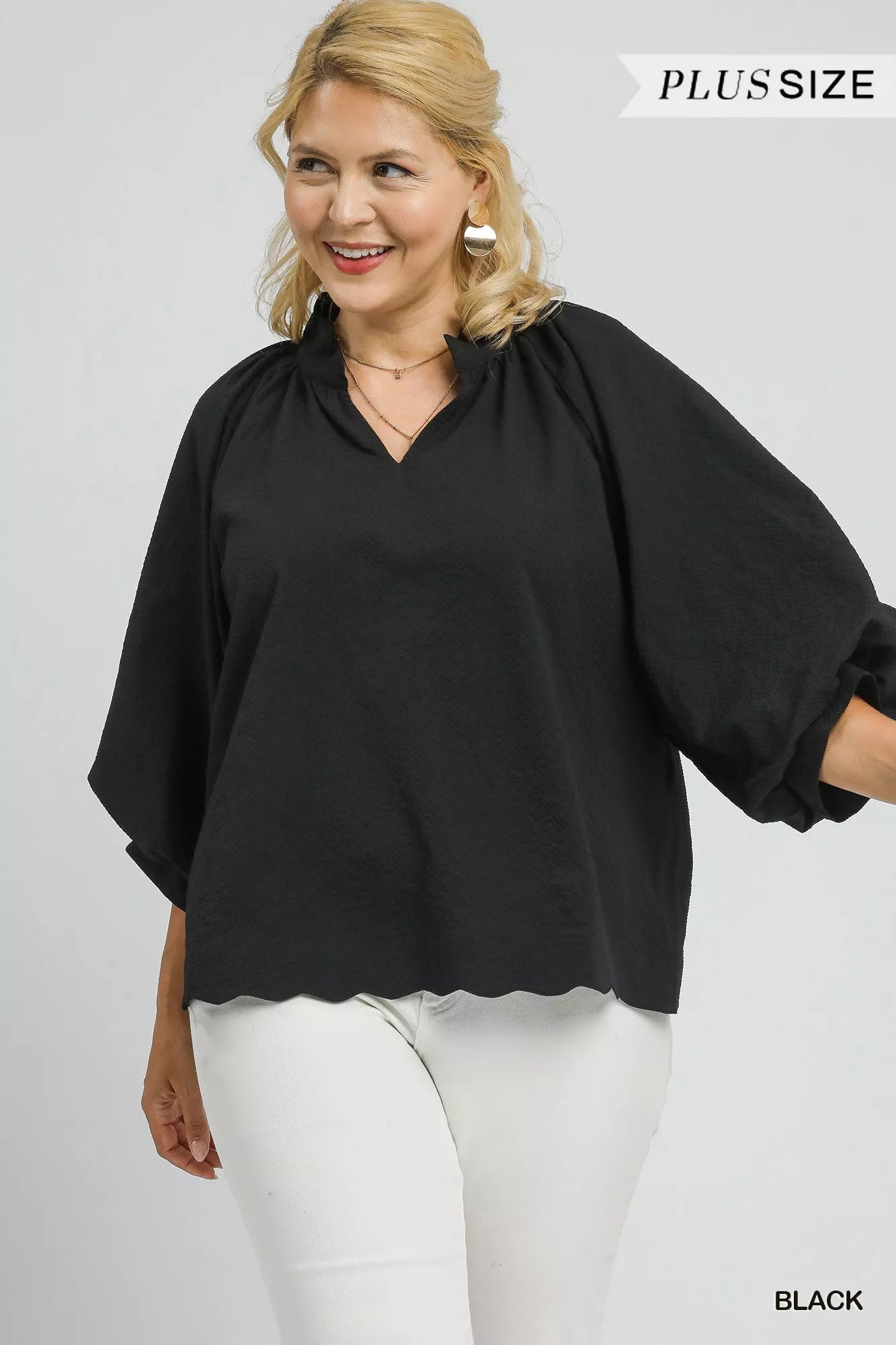 Umgee Black Textured Notched Scallop Hem Balloon Sleeve Blouse