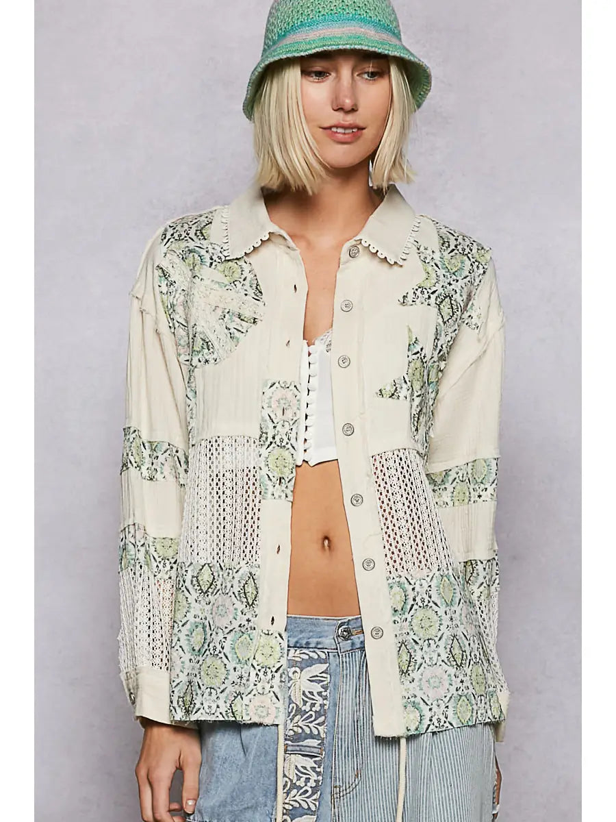 POL Long Sleeve Double Gauze Peace Woven Shirt Top