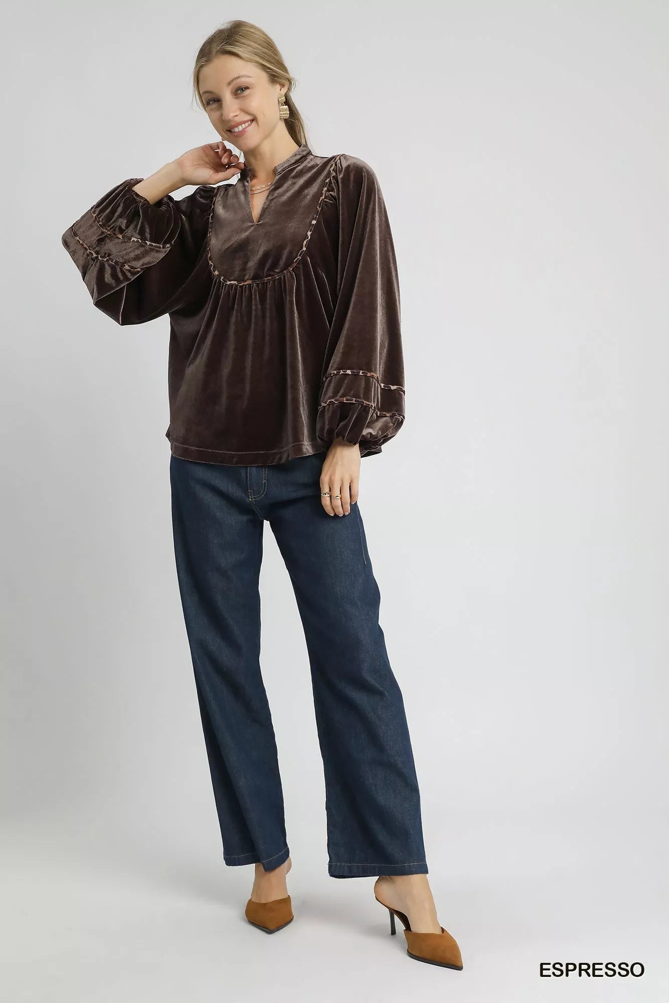 Umgee Espresso Velvet Long Sleeve Blouse with Leopard Contrast Trim