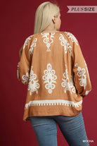 Umgee Mocha Two Tone Boho Border Print Top with Balloon Sleeves