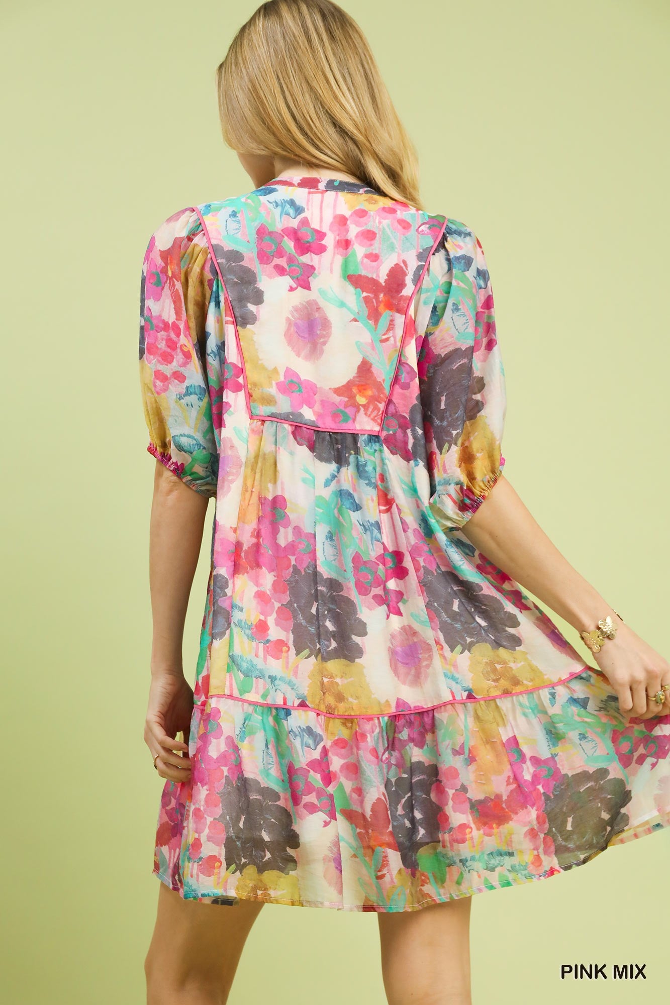 Umgee Pink Mix Watercolor Floral Chic Babydoll Dress