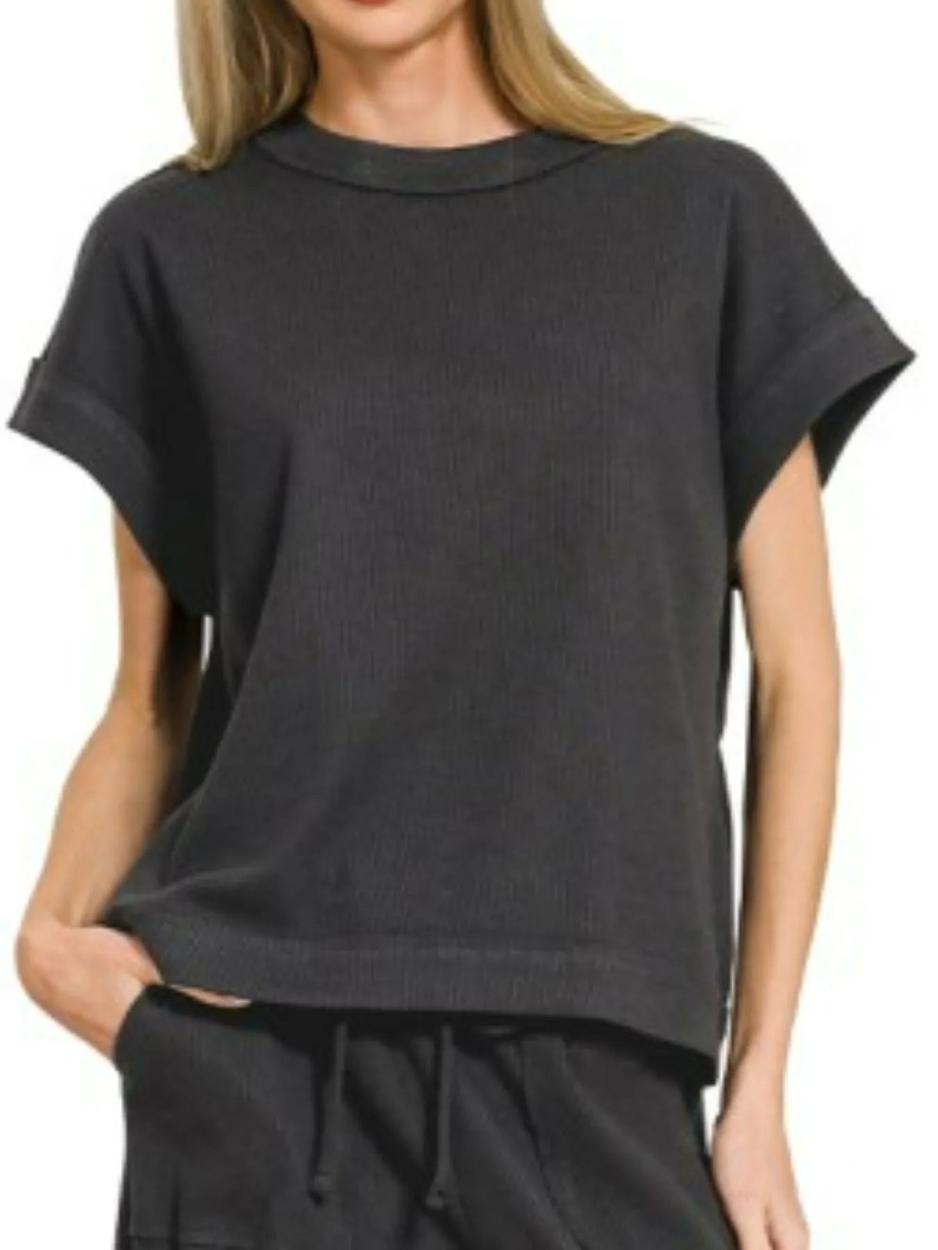 Zenana Black Ribbed Short Sleeve Tee and Pants Set
