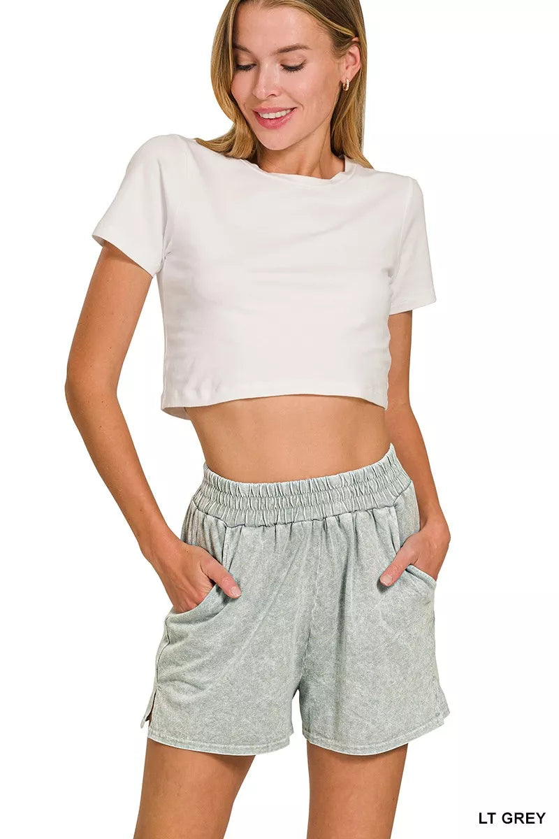 Zenana Light Gray Halo Snow Washed Short Sleeve Tee and Shorts Set