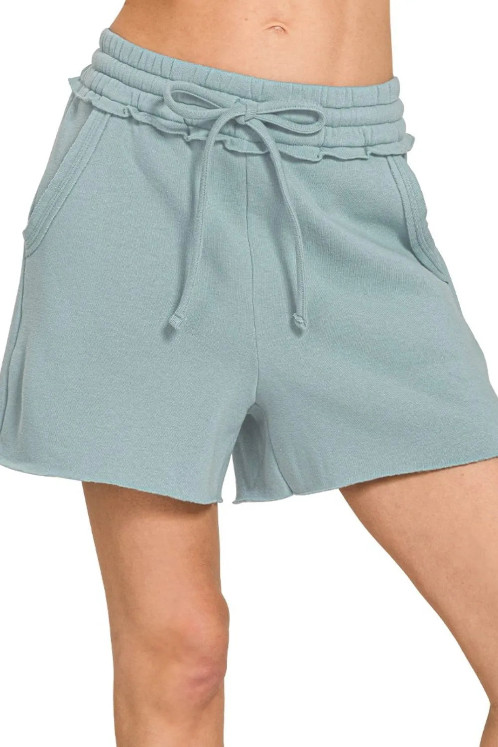 Zenana Blue Gray Fleece Raw Hem Shorts With Draw String BLUE GREY