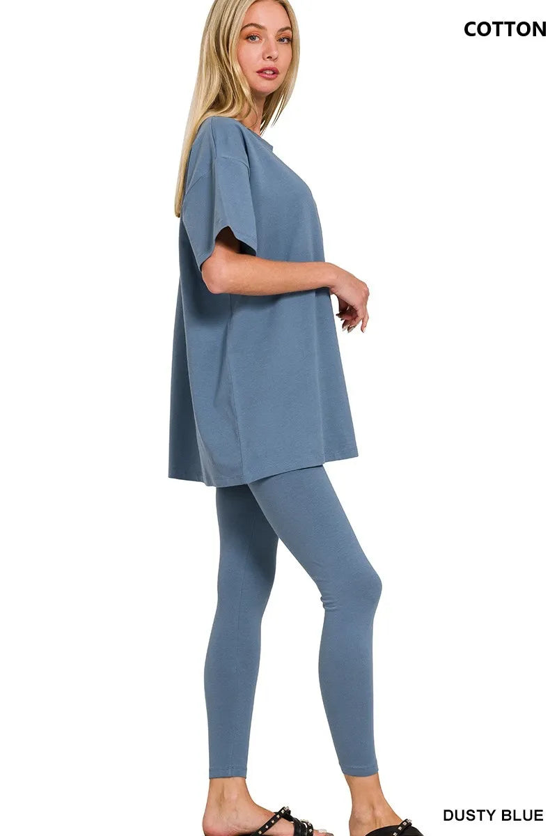 Zenana Light Olive Cotton Round Neck Top & Legging Set