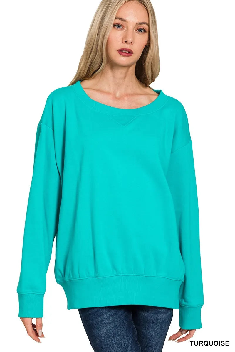 Zenana Turquoise Fleece Boat Neck Sweatshirt