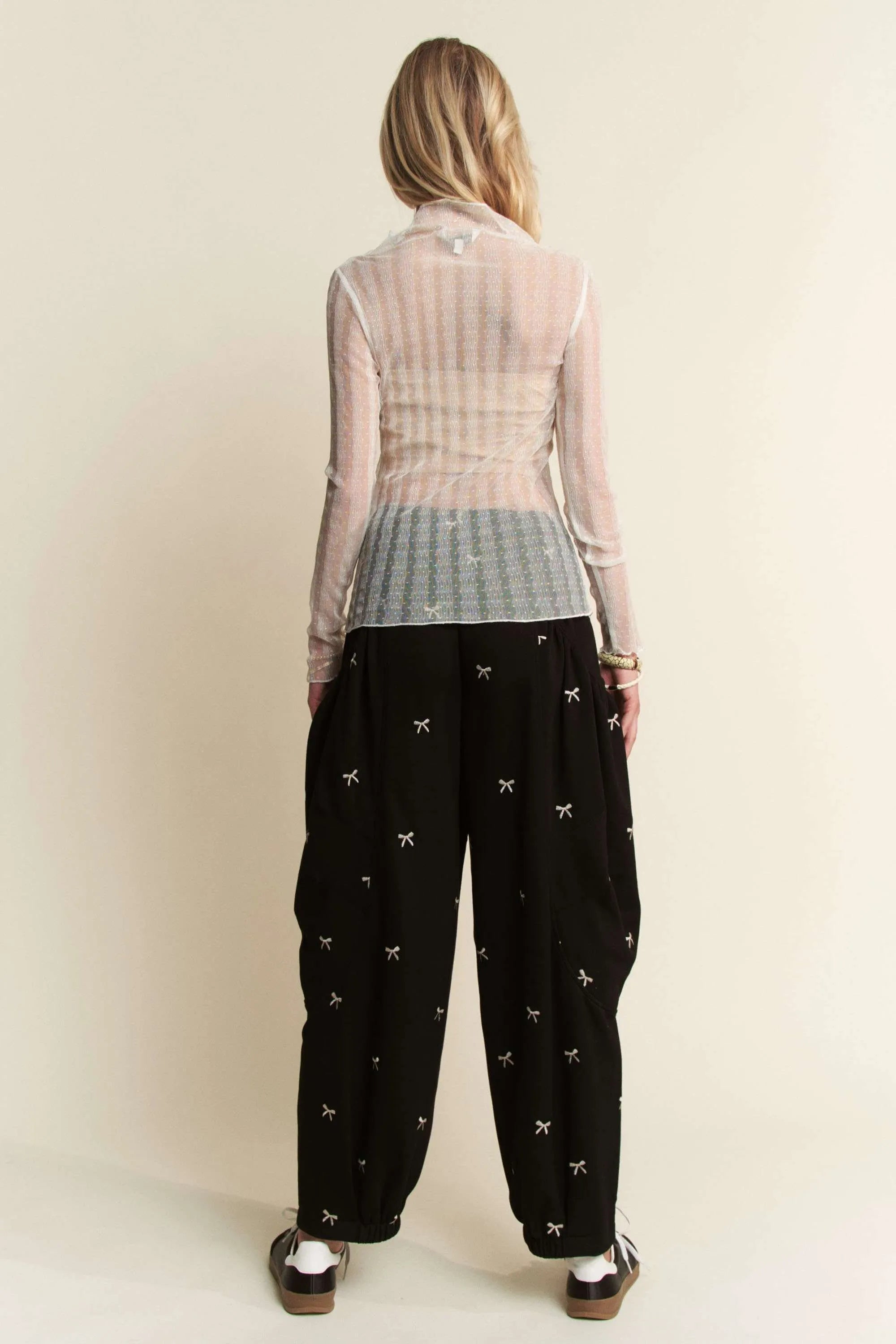 Davi & Dani White Turtle Neck Lace Dotted Stretch Mesh Sheer Top