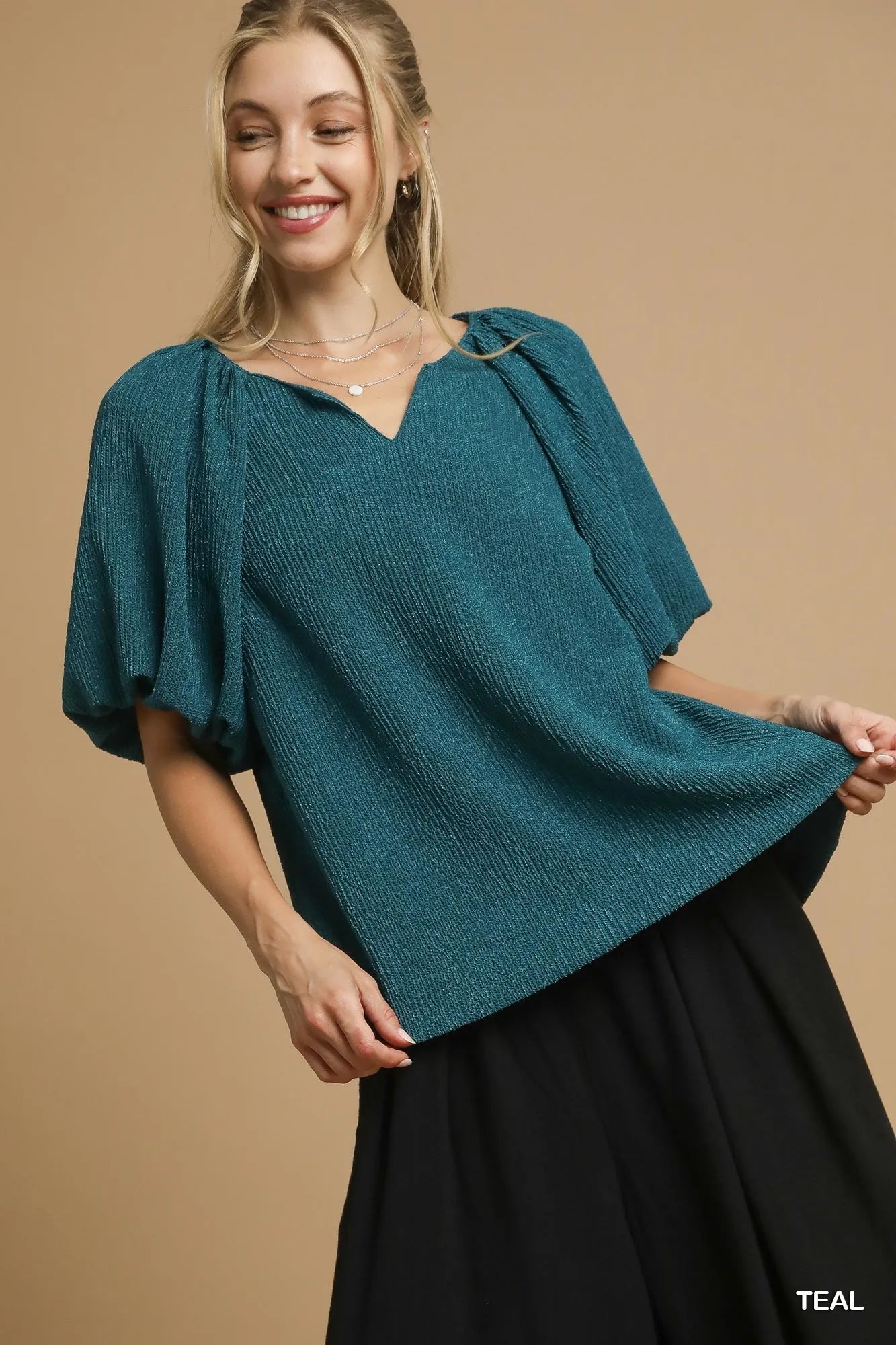 Umgee Teal Textured Flutter Sleeve Notch Neck Top TEAL