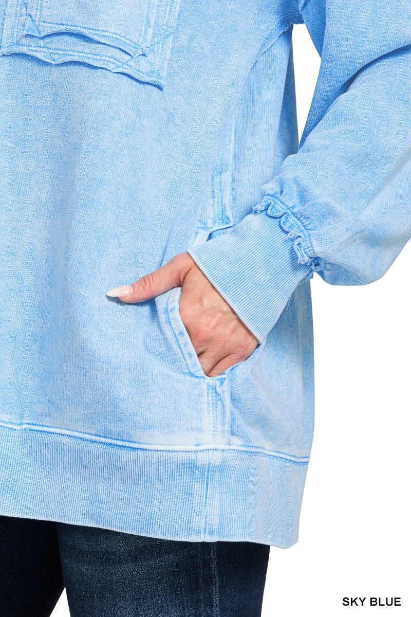 Zenana Sky Blue Halo Washed French Terry Exposed-seam Sweatshirt