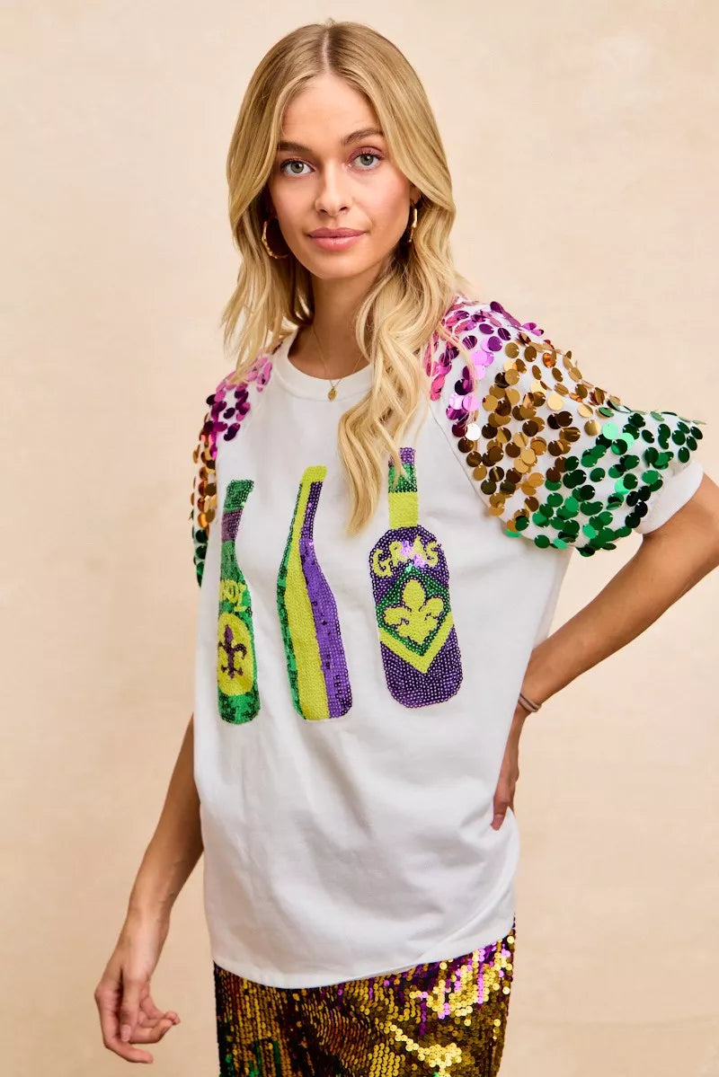 BiBi Sequin Mardi Gras Bottles Spangled Sleeve Top