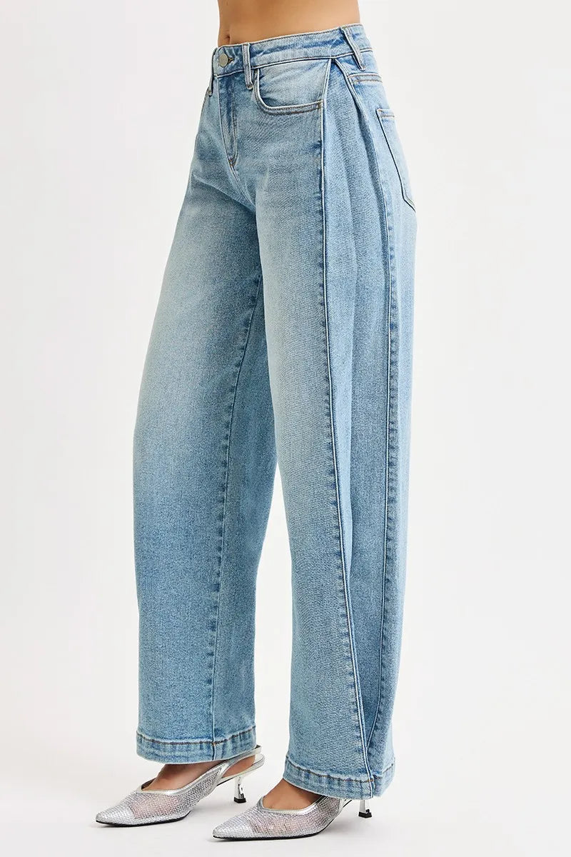 RISEN Medium Washed Mid Rise Wide Barrel Transferable Leg Snap Jeans