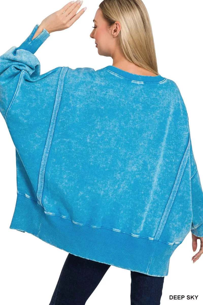 Zenana Deep Sky Acid Washed Batwing Sleeve Fleece Sweatshirt