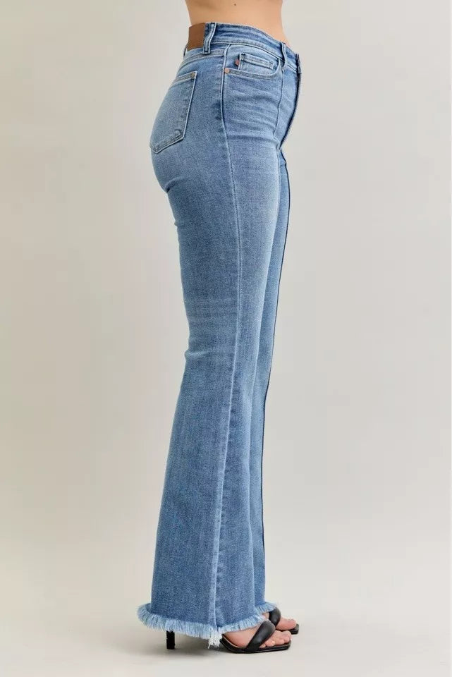 Judy Blue Medium Washed High Waist Flare Fray Hem Jeans with Front Pintuck Detail