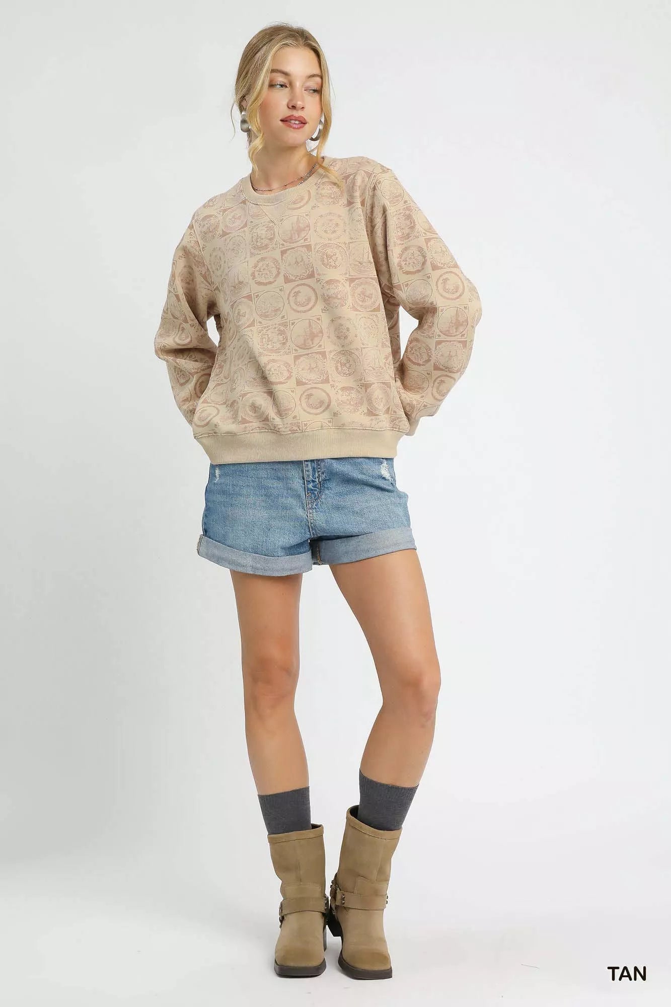 Umgee Tan Coin Stamp Print Sweatshirt