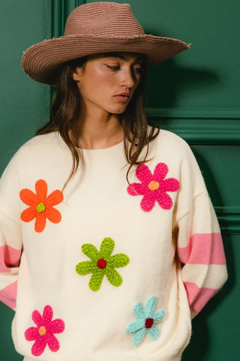 BiBi Oatmeal Colorful Floral Patched Sweater with Striped Sleeve OATMEAL