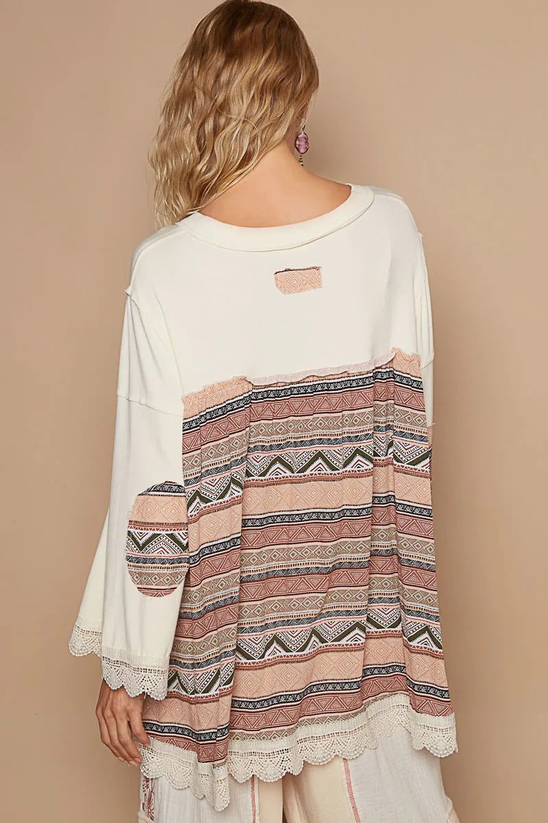 POL Buttermilk Bohemian Geometric Print Long Sleeve Top with Lace Trim