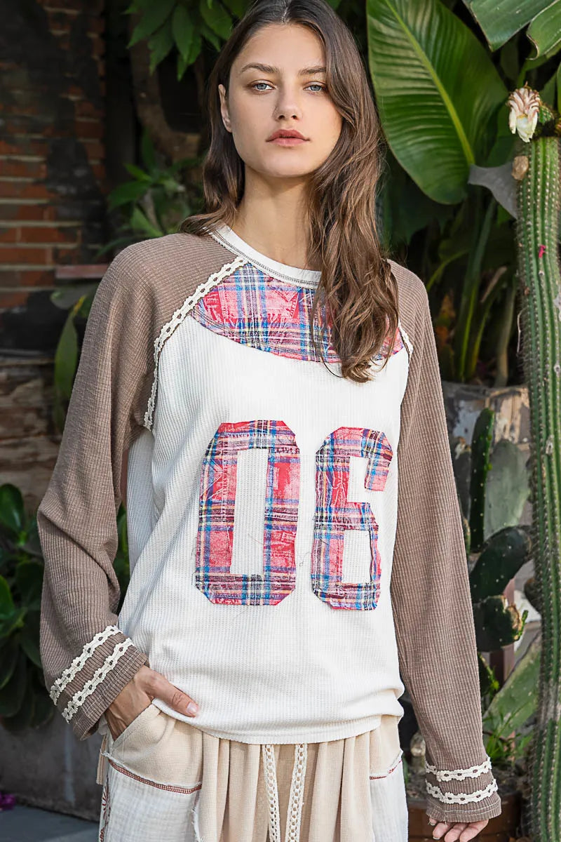 POL Mocha Plaid Number 06 Raglan Sleeve T-Shirt Mocha
