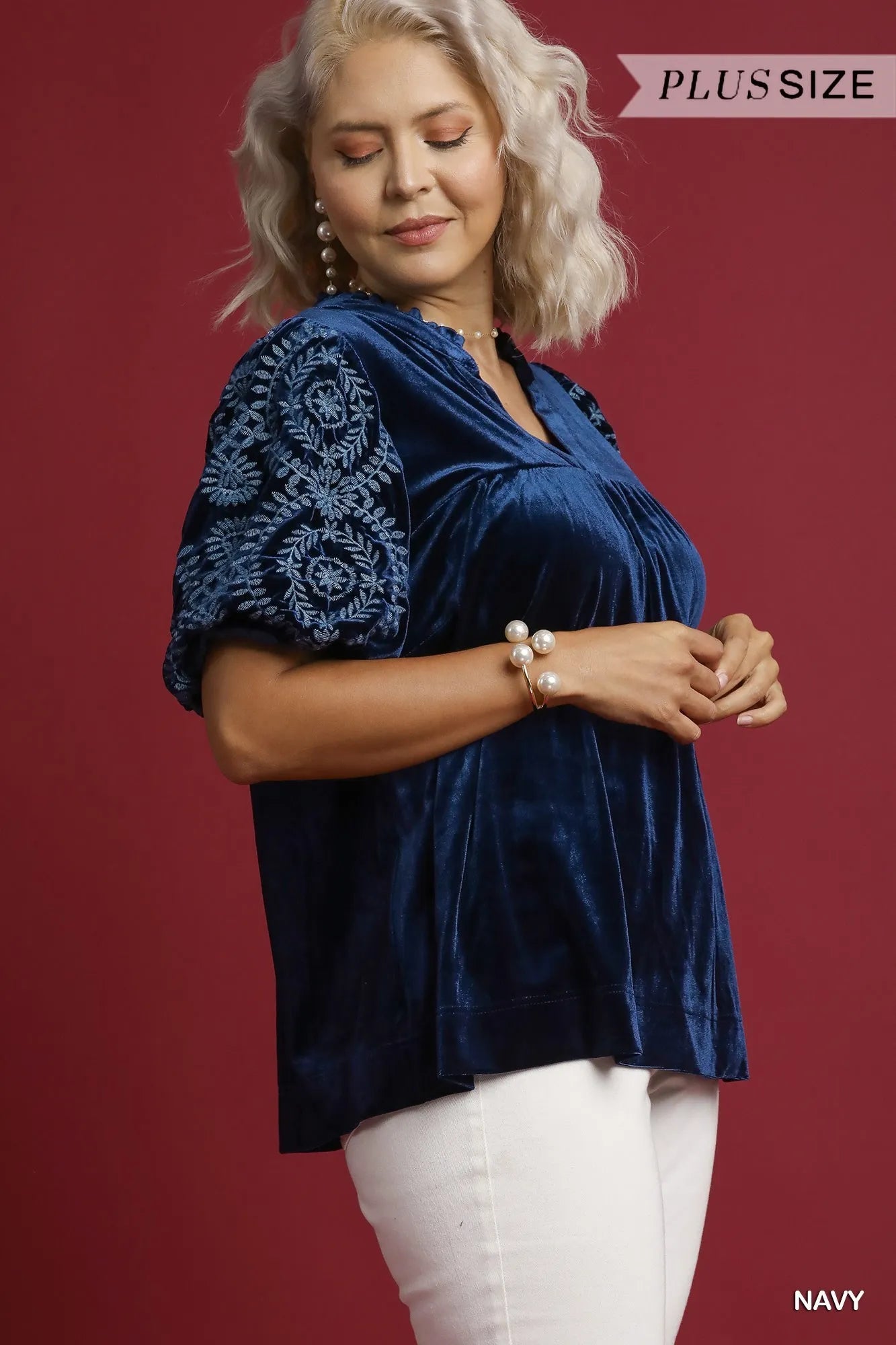 Umgee Navy Velvet Embroidered Sleeve Blouse