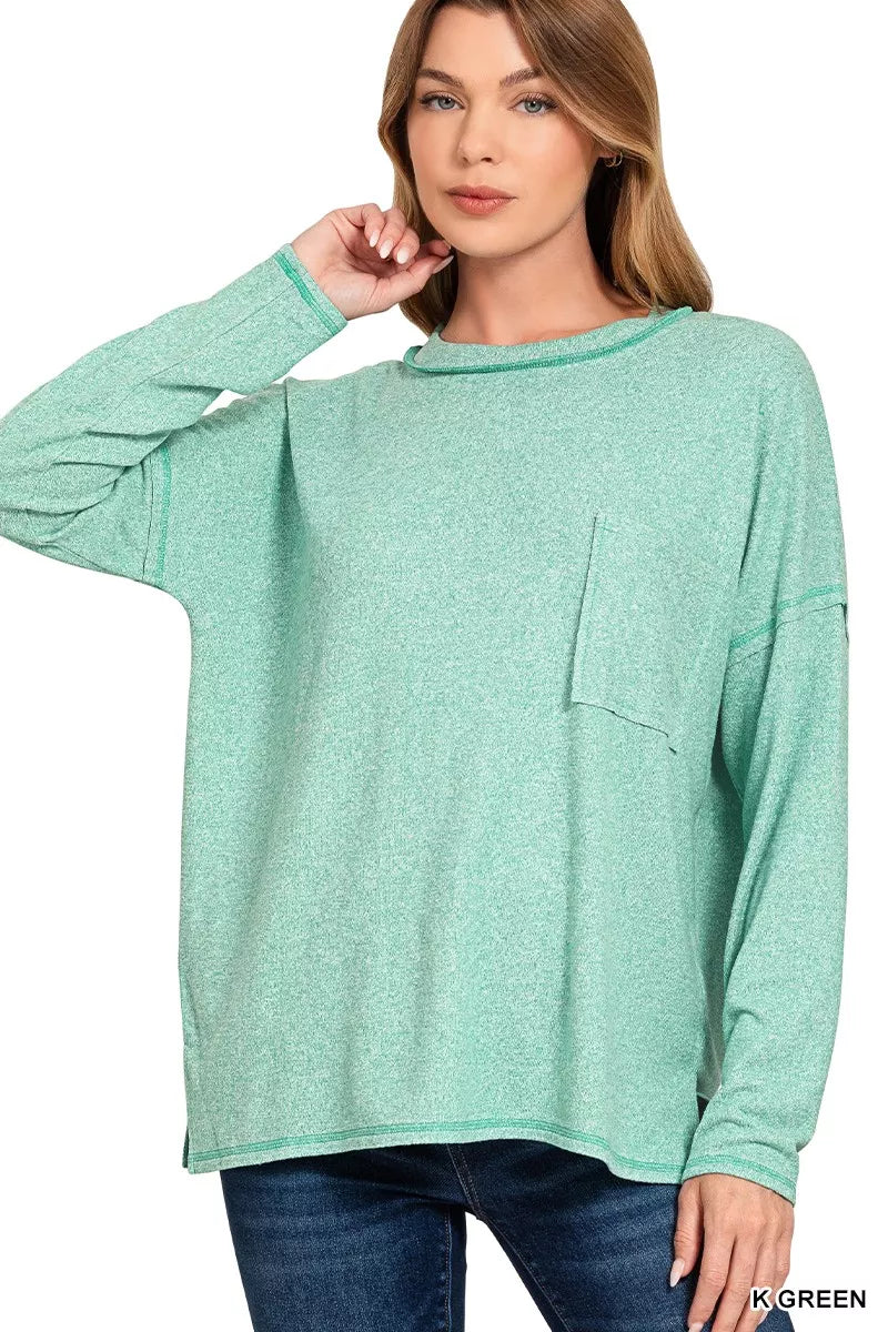 Zenana Kelly Green Soft Melange Hacci Round-Neck Long Sleeve T-Shirt K GREEN