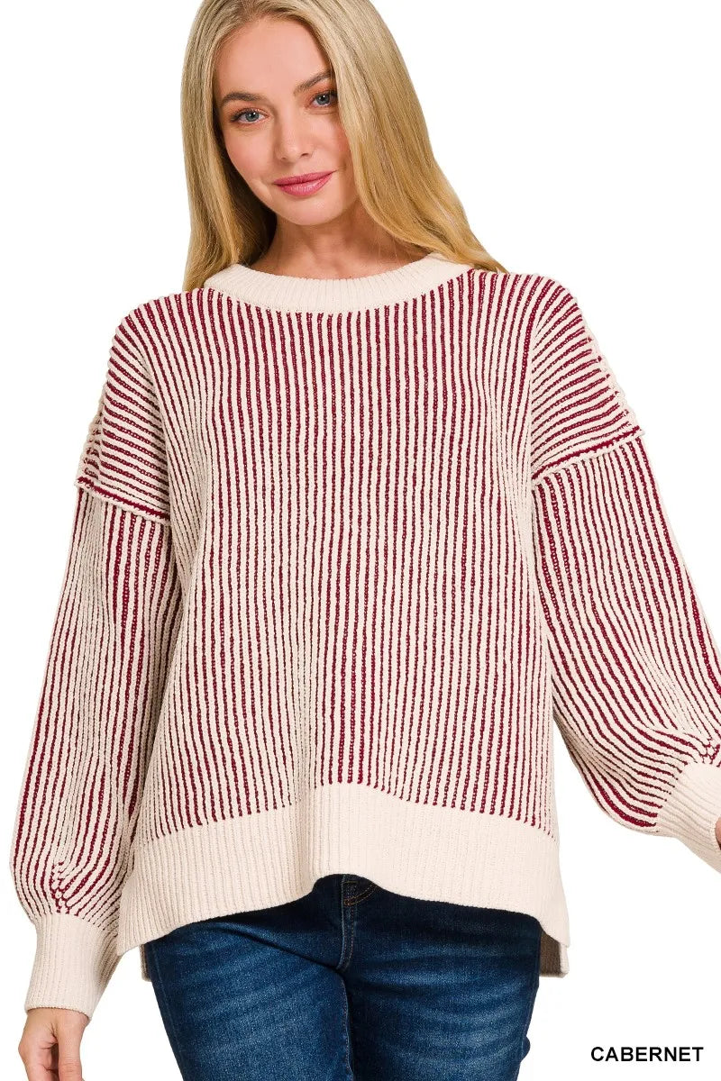 Zenana Cabernet Two Tone Crewneck Sweater